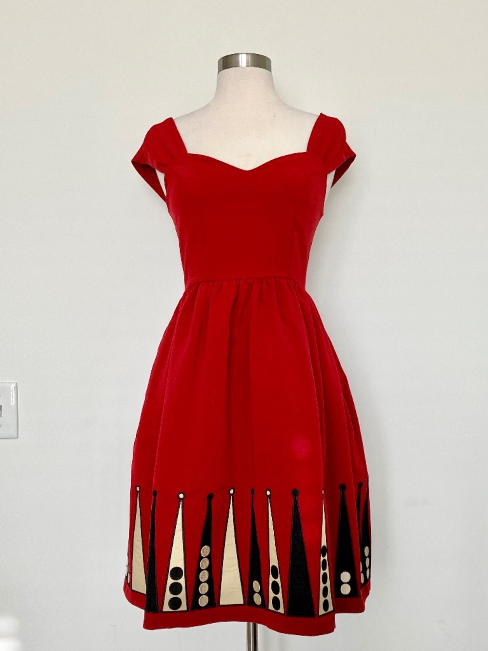 ModCloth Retro Red Sweetheart Fit & Flare Midi Dress Pocket Backgammon Chess